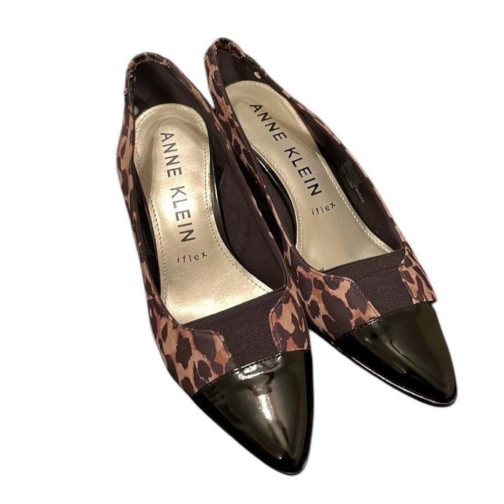 ANNE KLEIN | Women's Black/Brown Cheetah Print Slingback Kitten Heels Size 8‎